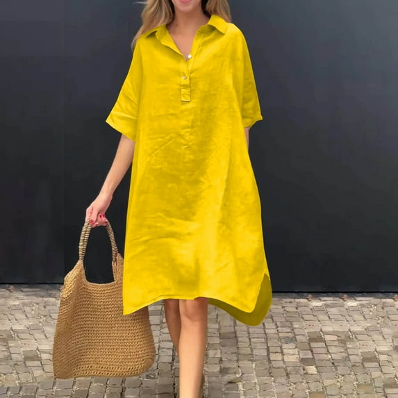 OSFVNOXV Linen Dresses for Women 2025 Oversized Midi Dress Loose Fit Half Sleeve Button Up Flowy Swing Tunic Sundress with Pockets ,S-5XL