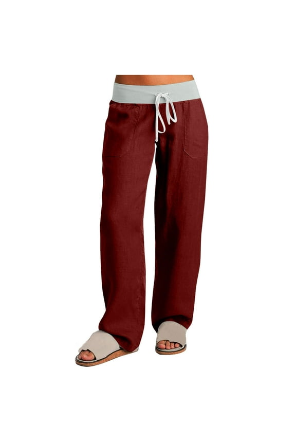 Linen Pants Women Casual Straight Leg Cotton Sweat Pants Elastic Drawstring with Pockets