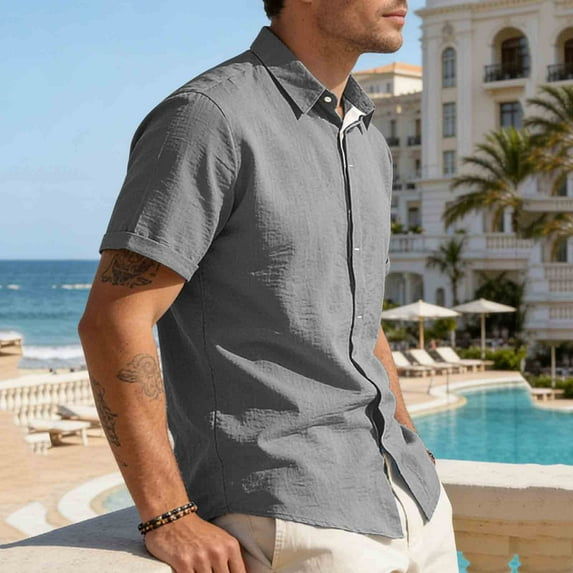 OSFVNOXV Linen Shirts for Men Short Sleeve Casual Button Down Top Slim Fit Collared Beach Hawaiian Shirts