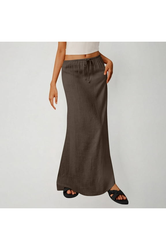 Linen Skirts for Women with Pockets,Summer 2025 Boho Maxi Skirt,Soft Comfort Fit Elastic Drawstring Long Pencil Skirts for Beach Vacation