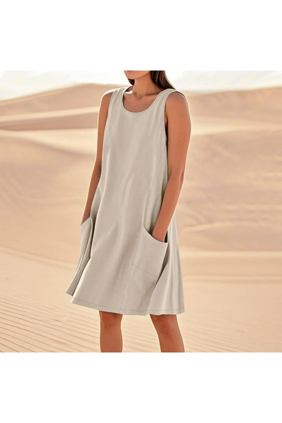 Linen Sleep Dresses for Women Plus Size Midi Dress with Pockets,Summer Breathable Stretch Fit Crewneck Pullover Shirt Dress for Loungewear