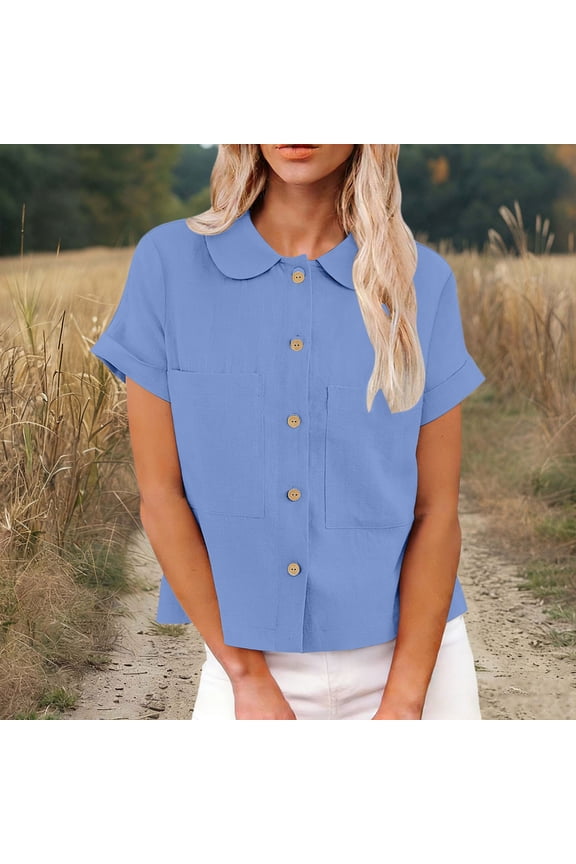 Linen Tops for Women Lightweight Cute Shirt Casual Short Sleeve Buttons Down Crop Tops with Pockets