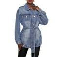 thumbnail image 1 of OSFVNOXV Long Denim Jackets for Juniors with Belt,Fall Trendy Blue Jean Jackets with Multi-Pockets,Stretch Fit Distressed Motorcycle Jackets, 1 of 6