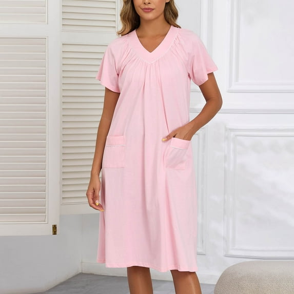 OSFVNOXV Long Nursing Nightgown for Women 100% Cotton Sleepshirts Short Sleeve Loose Fit V-Neck Loungewear with Pockets