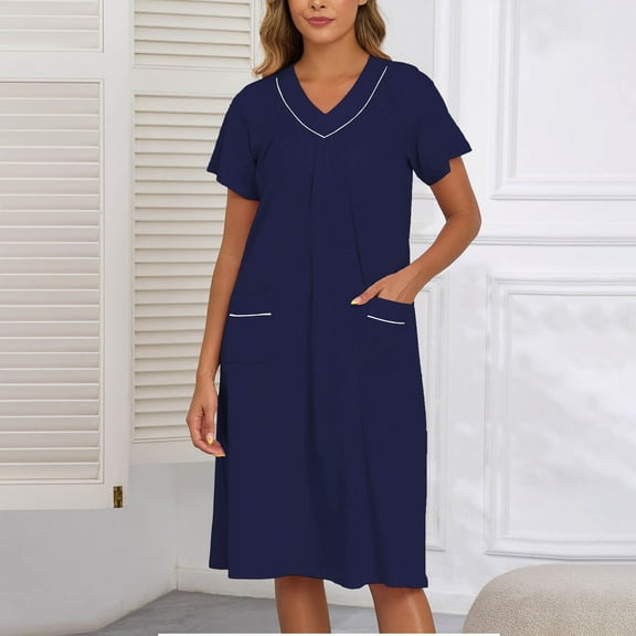 OSFVNOXV Long Nursing Nightgown for Women 100% Cotton Sleepshirts Short Sleeve Loose Fit V-Neck Loungewear with Pockets