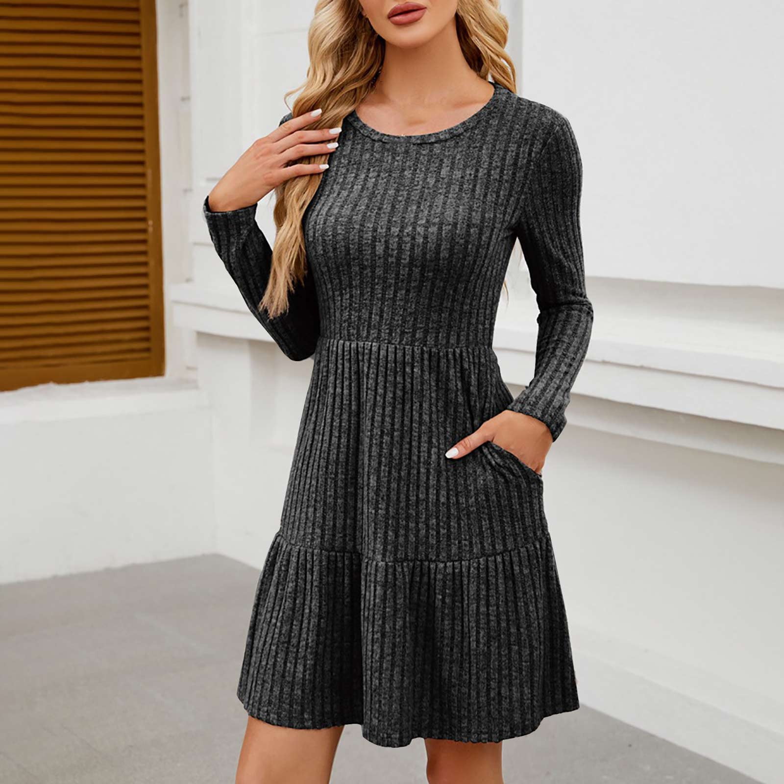OSFVNOXV Long Sleeve Sweater Dress for Women Ribbed Knit Shirt High Waisted Bodycon Tiered Mini Dress with Pockets