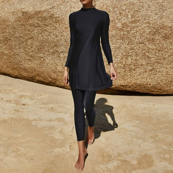 OSFVNOXV Long Sleeve Swimsuits for Women Modest Muslim Juniors Petite Women Swimwear Sun Protection High Split Swim Shirt and Swimwear Long Skinny Pants