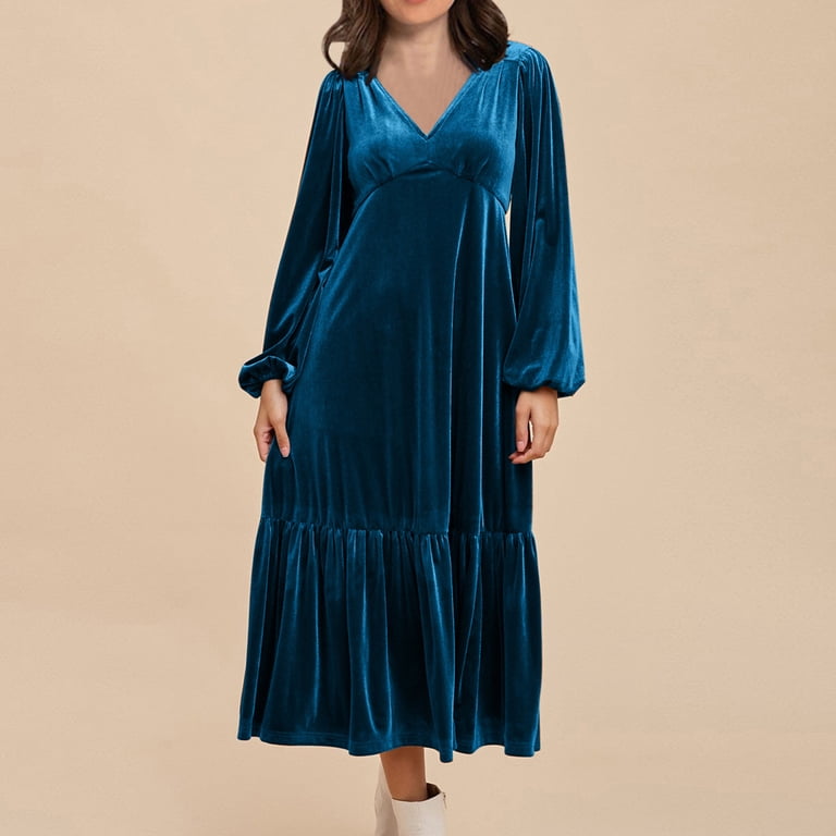 OSFVNOXV Maxi Dresses for Women Fall High Waist Lantern Sleeve Velvet Dress V-Neck Bodycon Tiered Flowy Long Cocktail Wedding Dating Dress