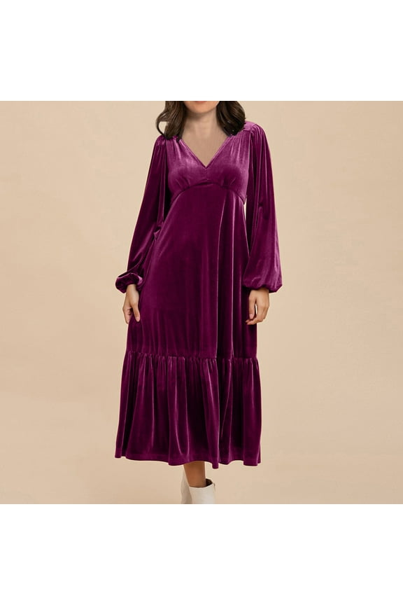 Maxi Dresses for Women Fall High Waist Lantern Sleeve Velvet Dress V-Neck Bodycon Tiered Flowy Long Cocktail Wedding Dating Dress