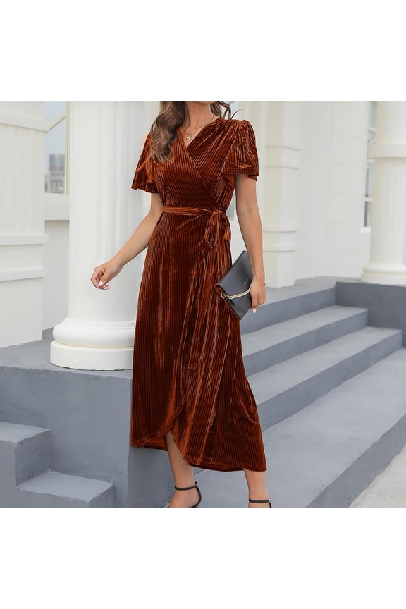 Maxi Dresses for Women Vintage Velvet Dress High Waisted Short Sleeve V-Neck Flowy Gown Wedding Guest Party Dress