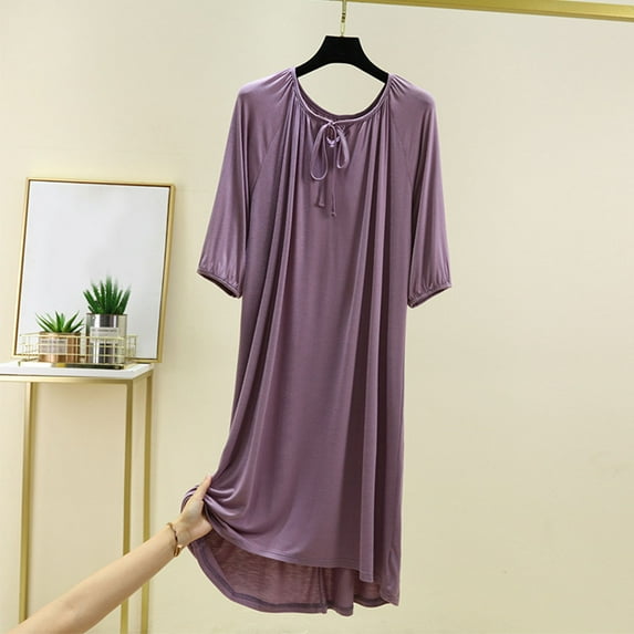 OSFVNOXV Maxi Length Nightgown Dress for Women Summer Casual Ultra Soft Comfy Loose Fit Solid Color Pullover Sleepwear Shirt Dress