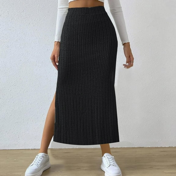OSFVNOXV Maxi Skirts for Women Plus Size Ribbed Knit Skirts High Stretch Waist A-Line Flare Side Split Long Pencil Skorts ,S-5XL