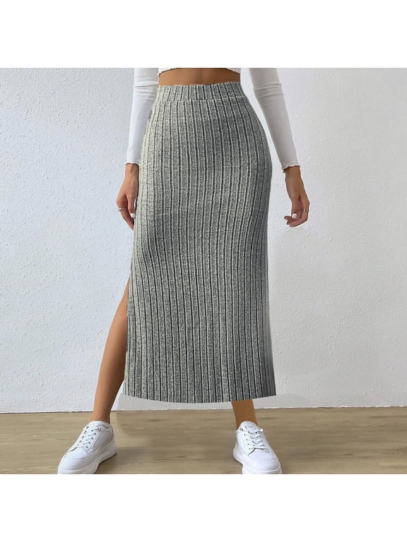 Maxi Skirts for Women Plus Size Ribbed Knit Skirts High Stretch Waist A-Line Flare Side Split Long Pencil Skorts ,S-5XL
