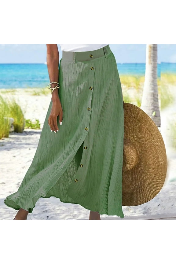 Maxi Skirts for Women Summer Casual Button Front A-Line Pleated Skirt Solid Color Mid Rise Boho Flowy Beach Skirts