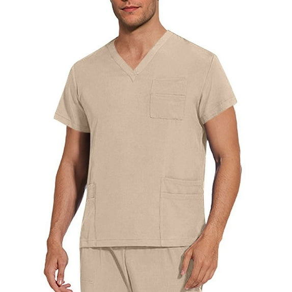 OSFVNOXV Mens Scrub Tops Breathable V-Neck Nursing Uniform Shirts,Summer Casual Stretchy Work Tops with Three Pockets