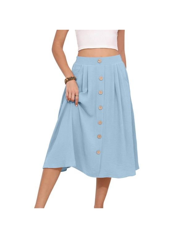 Midi Skirts for Women 2025 New Trendy Ruffle Floral Skirt Button Down A-Line Pleated Skirt for Hawaii Beach Vacation
