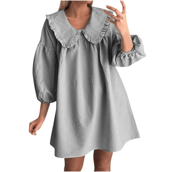 OSFVNOXV Mini Dress for Women Summer Cute Babydoll Collar 3/4 Puff Sleeve V-Neck Loose Flowy Sleepwear Shirt Knee Length Dress