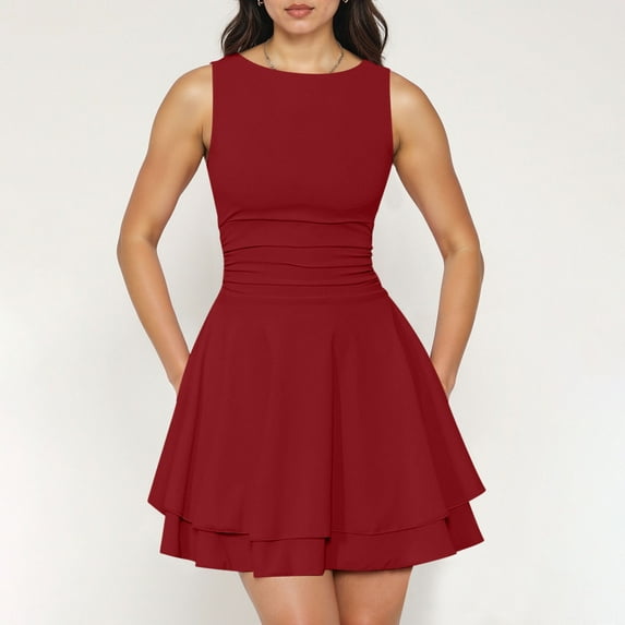 OSFVNOXV Mini Dresses for Juniors Summer Cute Bodycon Tea Party Dress Boat Neck Pleated Ruched Vintage Corset Dresses for Wedding Guest