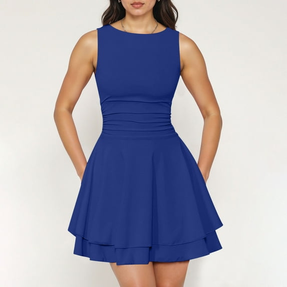 OSFVNOXV Mini Dresses for Juniors Summer Cute Bodycon Tea Party Dress Boat Neck Pleated Ruched Vintage Corset Dresses for Wedding Guest