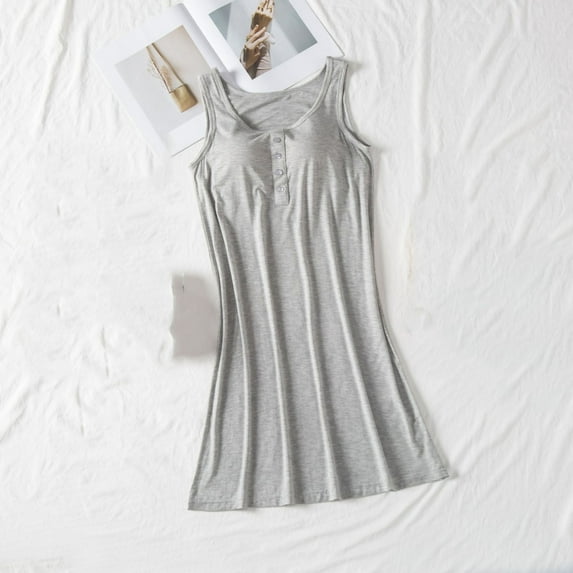 OSFVNOXV Nightgowns for Women Sleeveless Nightshirts with Built-In-Bra,Long Cotton Sleepshirts Breathable Crewneck Tops