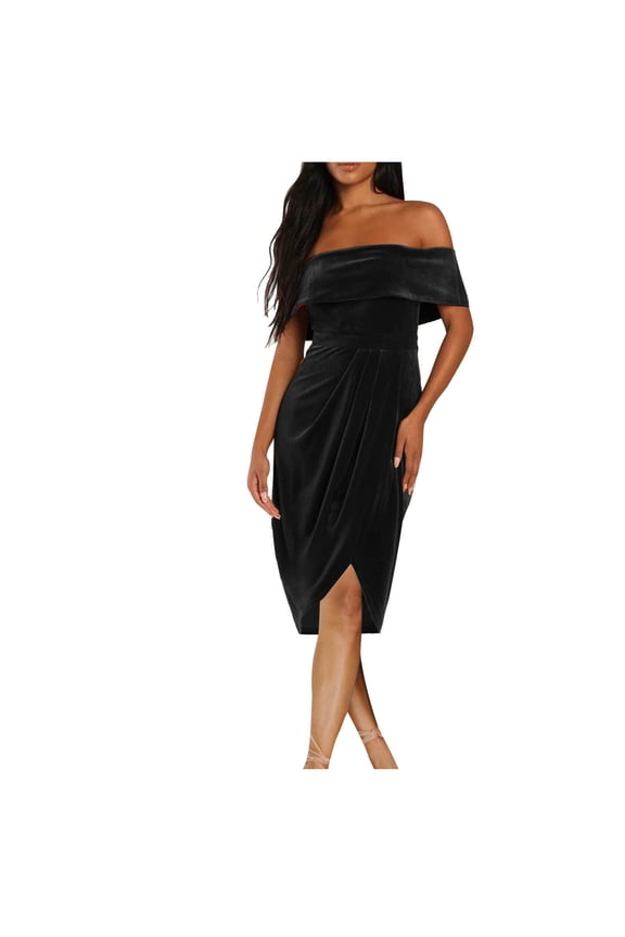 Off Shoulder Cocktail Dress for Women Formal Velvet Dress Ruched Bodycon Asymmetrical Hem Maxi Dress