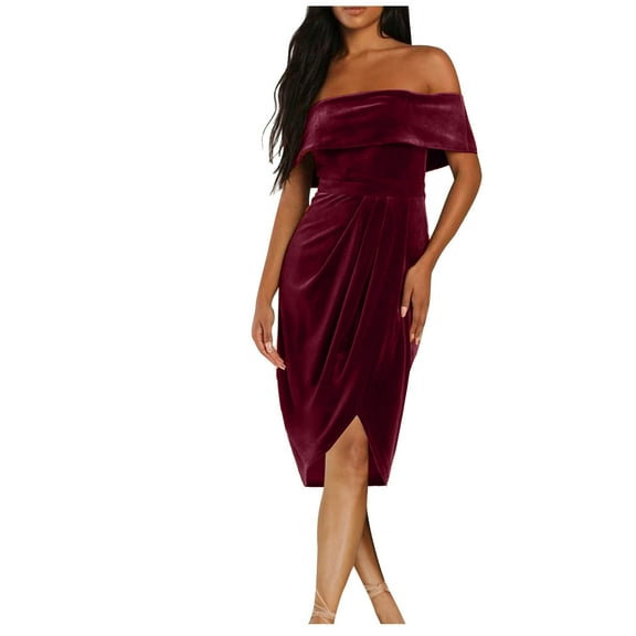OSFVNOXV Off Shoulder Cocktail Dress for Women Formal Velvet Dress Ruched Bodycon Asymmetrical Hem Maxi Dress