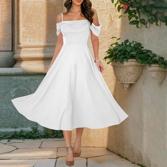 OSFVNOXV Off Shoulder Dress for Wedding Guest,Summer Trendy Cowl Neck Ruched Flowy Maxi A-Line Formal Prom Evening Gowns