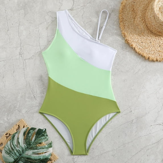 OSFVNOXV One Piece Swimsuit for Women Color Blocked Swimwear Soft Cups Padded One Shoulder Mesh Slim Fit Bathing Suits