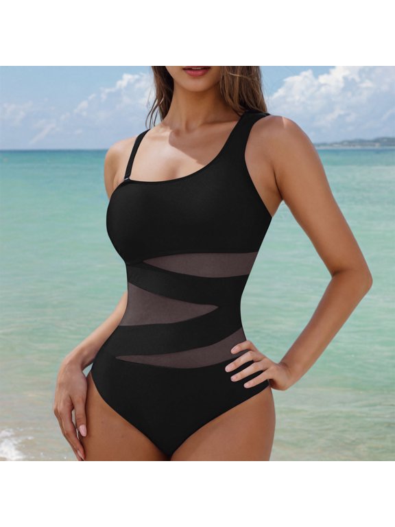 One Piece Women's Swimsuit Lace Up Bandage Backless Solid Color Crewneck Mesh Breathable Bathing Suit Seamless Bodysuit