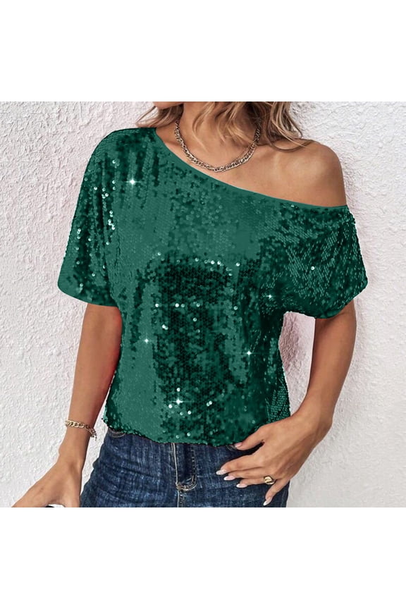 One Shoulder Tops for Women Y2K Sequin T-Shirts Glitter Sparkly Patchwork Shirts for Party Holiday