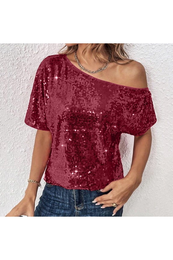 One Shoulder Tops for Women Y2K Sequin T-Shirts Glitter Sparkly Patchwork Shirts for Party Holiday