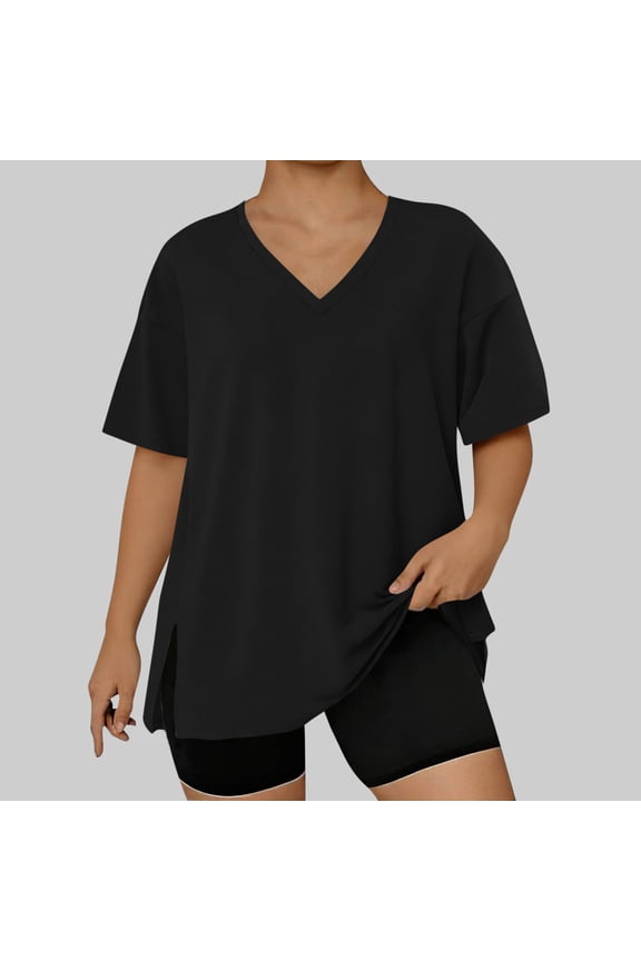 Pajama Tops for Women Plus Size Summer T-Shirt Oversized Loose Fit V-Neck Split Pullover Sleep Shirts