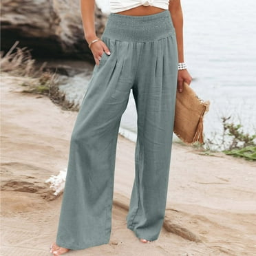 OSFVNOXV Palazzo Pants for Women Cotton Linen Pants Ruched Waist Solid Color Relaxed Fit Wide Leg Full Length Trouser Savings,S-3XL