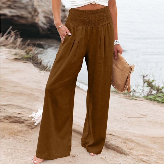OSFVNOXV Palazzo Pants for Women Cotton Linen Pants Ruched Waist Solid Color Relaxed Fit Wide Leg Full Length Trouser Savings,S-3XL
