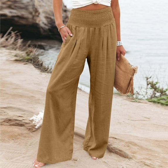 OSFVNOXV Palazzo Pants for Women Cotton Linen Pants Ruched Waist Solid Color Slim Fit Wide Leg Full Length Trouser ,S-3XL