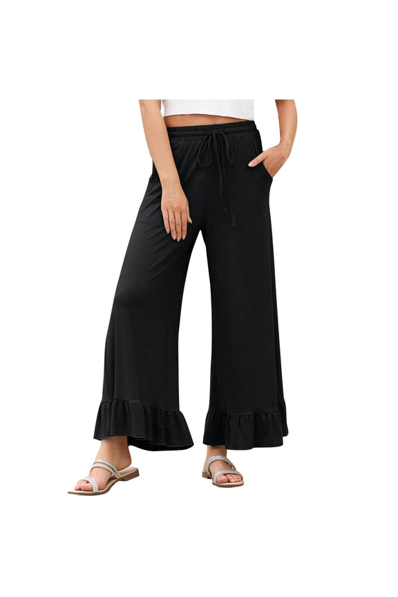 Palazzo Pants for Women Wide Leg Pants High Waist Summer Fringe Hem Boho Trouser Elastic Drawstring