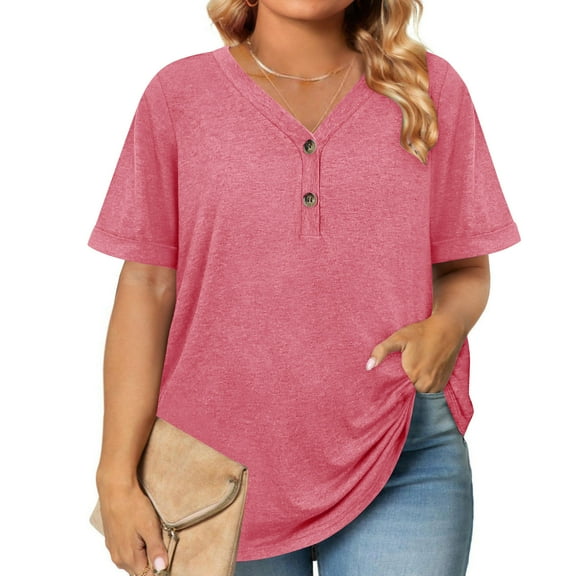 OSFVNOXV Plus Size Basic T-Shirts for Women Summer 2025 Button Up Shirt Short Sleeve V-Neck Loose Fit Pullover Blouse Sleepwear Loungewear ,L-5XL