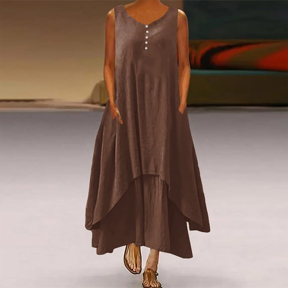 OSFVNOXV Plus Size Boho Dresses for Women Cotton Linen Sleeveless Dress Layered Flowy Maxi Length Sleep Beach Dress
