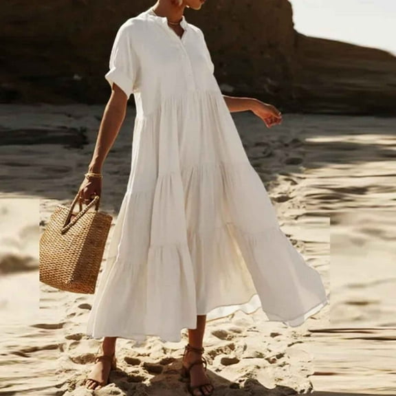 OSFVNOXV Plus Size Boho Dresses for Women Summer 2025 Maxi Nightgown Dress Ruched Pleated Flowy Swing Button Down Shirt Dress ,Sizes S-5XL