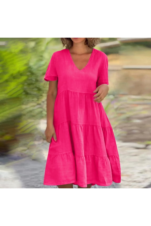 Plus Size Cotton Linen Dresses for Women Summer Tiered Flowy Mini Dress Loose Fit V-Neck Flowy Sundress ,Sizes S-5XL