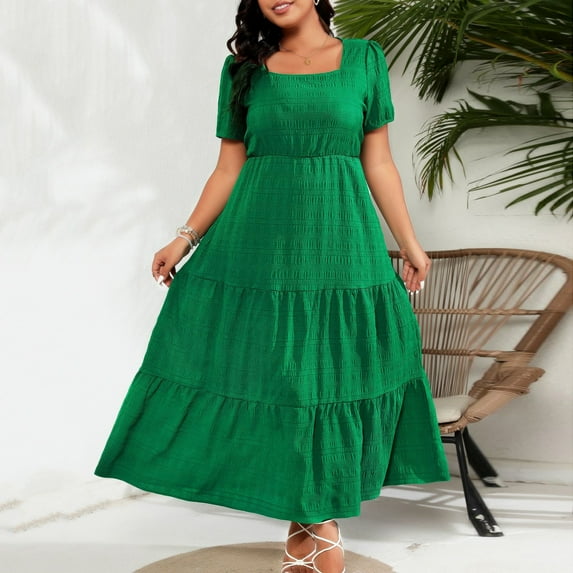 OSFVNOXV Plus Size Dresses for Women,High Waisted Square Neck Puff Sleeve Ruched Tiered Flowy Swing Maxi Dress