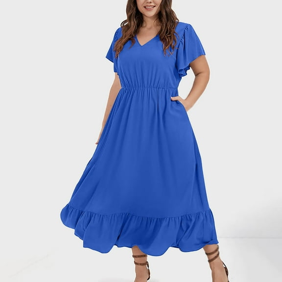 OSFVNOXV Plus Size Dresses for Women Summer Boho Dress Ruffle Sleeve V-Neck High Waisted Bodycon Sundress