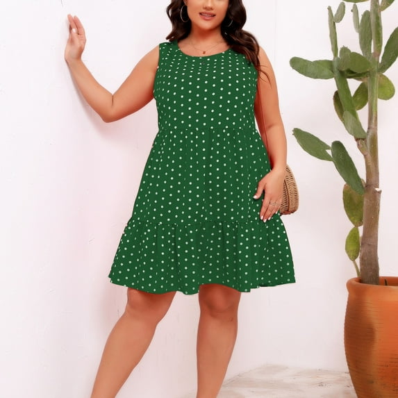 OSFVNOXV Plus Size Dresses for Women Summer Sleeveless Tank Classic Polka Dot Print Dress Loose Fit Swing Sundress ,Sizes L-4XL