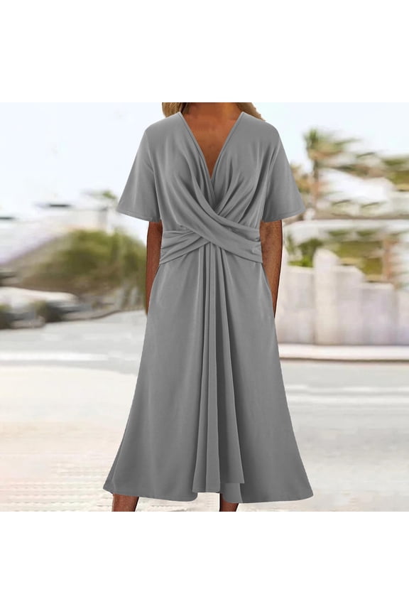 Plus Size Dresses for Women on ,Formal Casual Wrap Ruffle Sleeve V-Neck Flowy Pleated Maxi Dresses,Sizes S-3XL