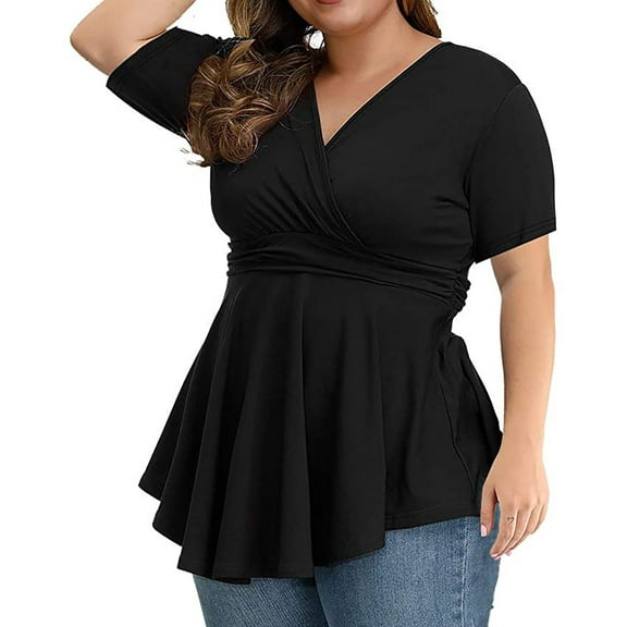 OSFVNOXV Plus Size Peplum Tops for Women,Mother's Day Gifts,Loose Fit Ruffle Tunic Tops,Solid Color Short Sleeve V-Neck Blouse ,Sizes XL-5XL