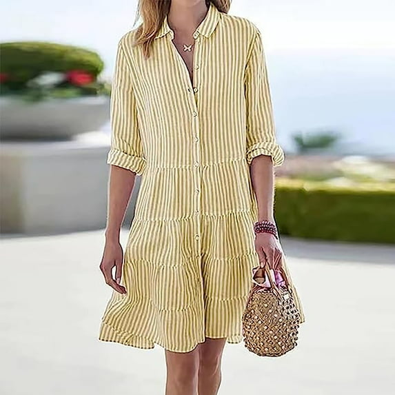 OSFVNOXV Plus Size Striped Dress for Women S-3XL,Long Sleeve Wrinkle-Free Peasant Shirt,Button Down Tiered Knee Length Midi Dress for Office Workwear