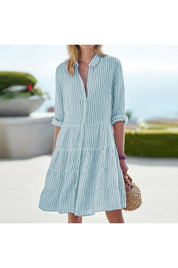 Plus Size Striped Dress for Women S-3XL,Long Sleeve Wrinkle-Free Peasant Shirt,Button Down Tiered Knee Length Midi Dress for Office Workwear