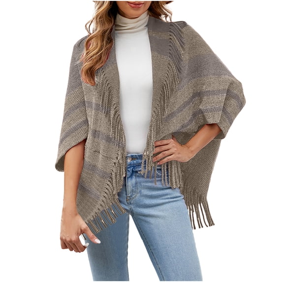 OSFVNOXV Plus Size Swim Cover Up for Women Striped Print Tassel Round Hem Half Sleeve Loose Fit Cardigan Shawls