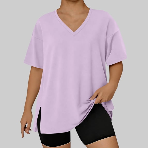 OSFVNOXV Plus Size Tops for Women L-5XL V-Neck T-Shirts Summer Casual Short Sleeve Oversized Loose Fit Pullover Tops 2026
