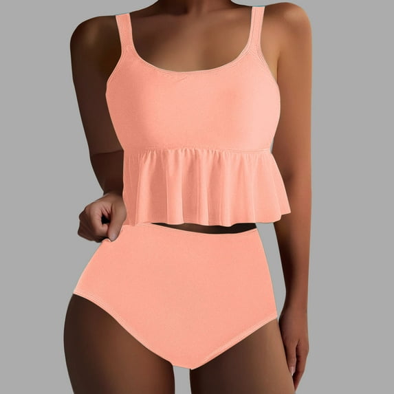 OSFVNOXV Plus Size Womens Tankinis,2-Piece Summer 2025 Bathing Suits,High Waist Bikini Bottom with Ruffle Swimwear Tank Top S-3XL